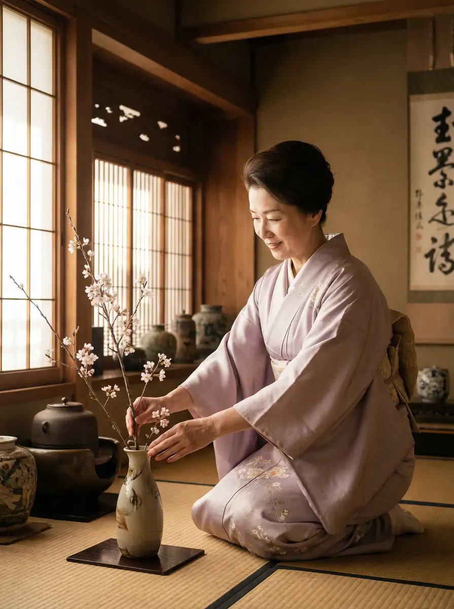 一位优雅的 皇冠体育平台 在和室中插花